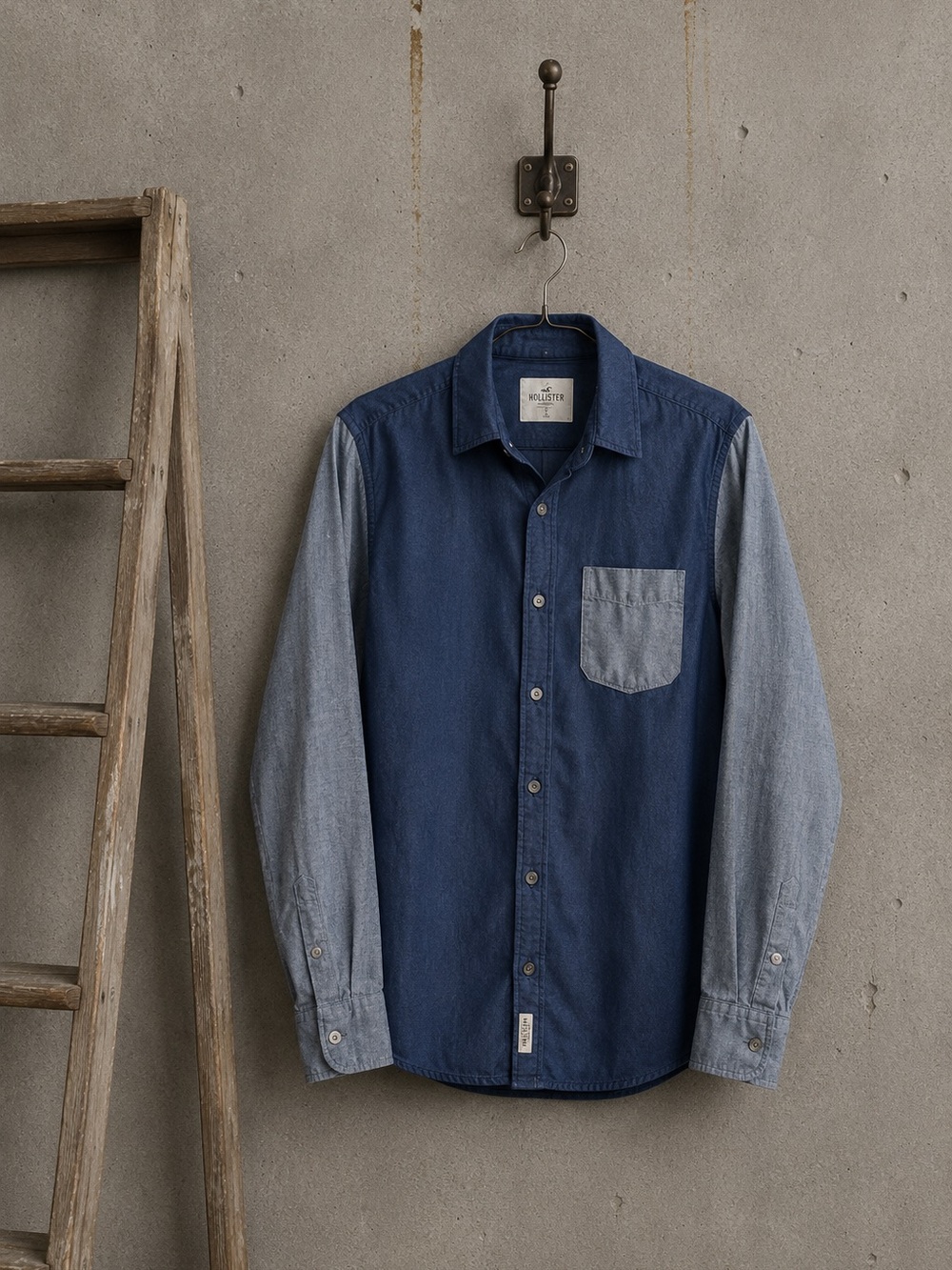 Hollister Colorblock‎ Button Down Shirt Men's Blue Gray Y2K Western Sz L Rodeo
